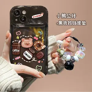 Cartoon Coffee Bear Pendant With Mirror Stand TPU Mobile Phone Cover Case For Iphone 6 7 8 Plus X Xr XS 11 12 13 14 15 Pro Max