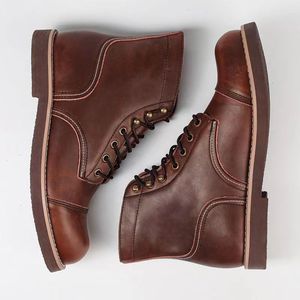 Botas de Hombre de Cuero Genuino Marrón con Cordones, Punta Redonda, Suela de Goma, Zapatos para Caminar para Todas las Temporadas - Product Image 5