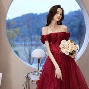 Off The Shoulder Burgundy Ball Gown Wedding Dress Empire Waist Tulle Long Vintage Style Sweetheart Neckline Evening Gown - Product Image 3