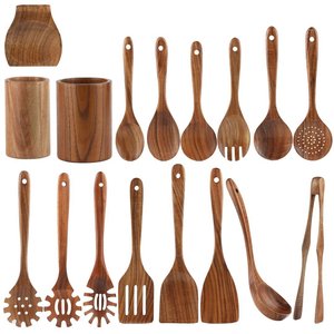 Ensemble de spatules en bois de teck, 7 pièces, ustensiles de cuisine, cuillère, louche, lavage à la main uniquement - Product Image 2