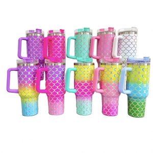 40oz Shinny Laser Mermaid Fish Scales Stainless Steel <b>Tumbler</b> <b>Cup</b> Handle <b>Straw</b> for Children Vacuum Insulated Eco-Friendly for - Product Image 1