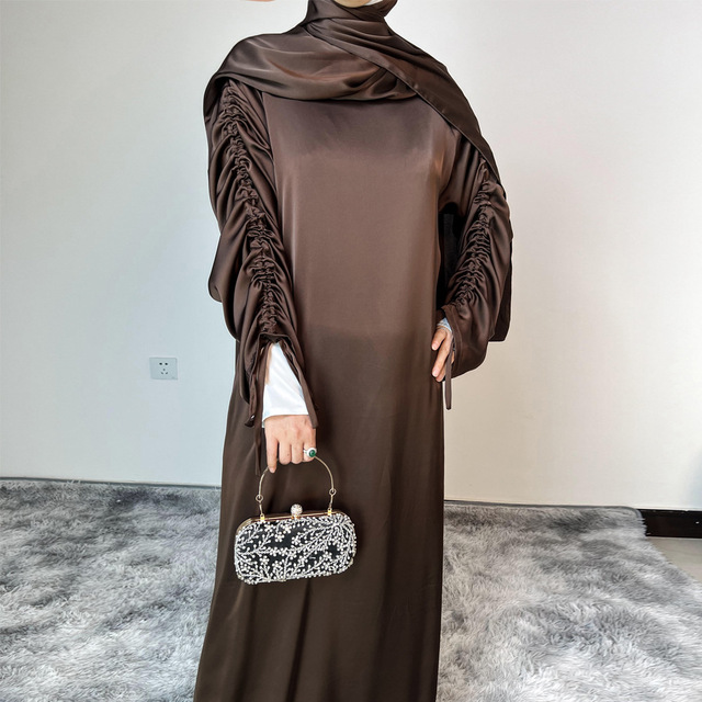 Elegant Muslim Women Abaya 2 Piece Set Satin Inner Dress Loose Open Front Maxi Robe with Matching Hijab