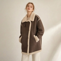 Manteau mi-long chaud pour femme, style vintage, en faux daim, mélange de laine à 30 %, doublure polaire, revers large, boutons à pression en corne, coupe ample, vêtement d'extérieur d'hiver