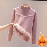 Pull d'hiver à col montant doublé en peluche pour femmes Pull décontracté épais et chaud en tricot Coréen Slim Pullover Soft Plus Velvet Knitwear Jumper