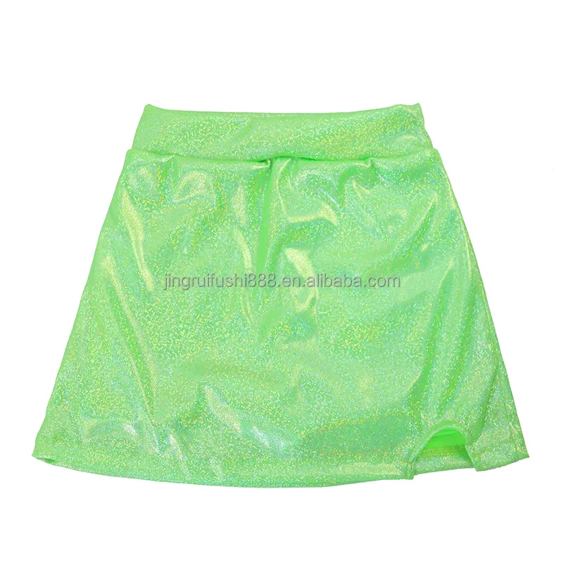 Boutique Kids Girls Green Shiny Laser Skirt with Lined Children Glitter Foiled Fabric High Waist Slit Skirts