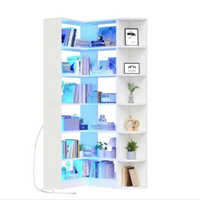 Venta caliente 6 niveles negro MDF esquina estantería luz LED moderno en forma de L estante de exhibición de almacenamiento para el hogar Oficina estilo de Panel de madera