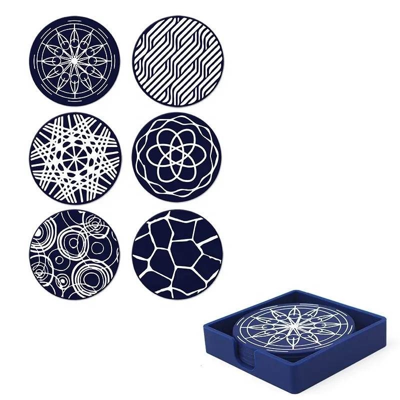 Customized Pattern Silicone rubber Round Mat Round Carved Cup Tray Cup Holder Coaster Set