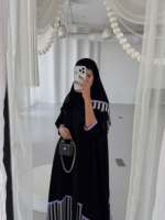 Nouvelle Abaya Hafizah noire et violette à bordure contrastante, ourlet rayé, devant ouvert, coupe ample, modeste, style Dubaï, pour femmes musulmanes, long manteau kimono, vente en gros