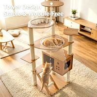 Arbre à chat en bois avec deux capsules spatiales en acrylique, poteau à gratter en sisal, meubles pour chat à plusieurs niveaux