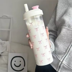 Botella de agua de paja con lazo rosa de gran capacidad de 700ML con tapa, taza de agua de plástico de grado alimenticio, tazas de té de leche para acampar al aire libre - Product Image 6