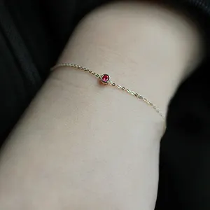 Hainon s925 pulseira de prata esterlina, redonda zircônia vermelha delicada pequena bracelete decorativo para mulheres