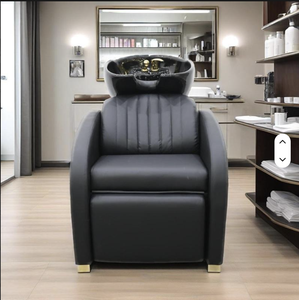 Sillón de Lavado de Cabello de Cuero Negro con Lavabo de Cerámica para Salones de Belleza y SPA, Suministrado por Fábrica de Muebles Modernos y Sencillos para Salón - Product Image 3