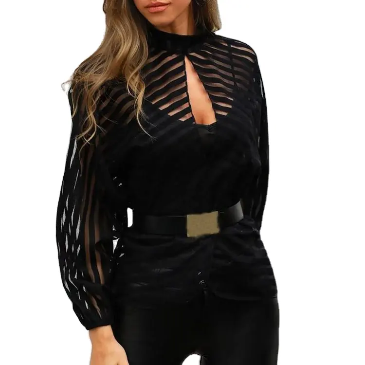 Женская сетчатая блузка, прозрачная Дамская рубашка с длинным рукавом, черные ажурные пикантные Топы спереди, женская одежда, женские блузки