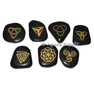 Ensemble de 7 chakras gravés en pierre précieuse noire pure, décoration spirituelle indienne pour la maison - Product Image 1