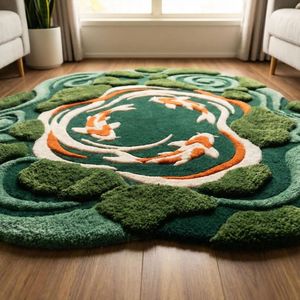 Moss Green Koi Pond Wool <b>Rug</b> Featuring Organic Irregular Edges and Hand Tufted Fish Design for Bedroom <b>Nursery</b> Kids Room Bulk - Product Image 5