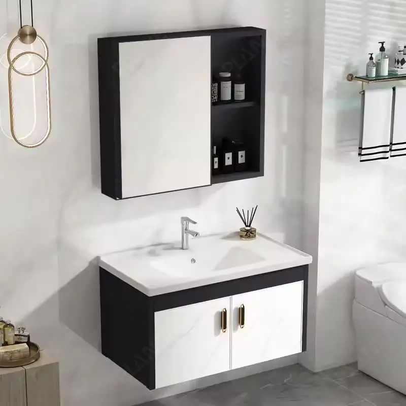 New design hotel furniture waterproof floating wall mounted sintered stone top aluminum bathroom vanity cabinet with mirror