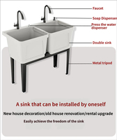 Évier à linge autoportant en plastique authentique avec planche à laver, bac utilitaire portable pour le lavage en extérieur, idéal pour la cour et le jardin