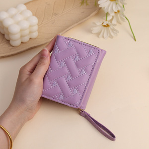 PU Leather Light <strong>Blue</strong> Heart Embroidery Short <strong>Wallet</strong> Factory Direct <strong>Women</strong> Cute Mini Bifold Card Holder <strong>Wallet</strong> - Product Image 1