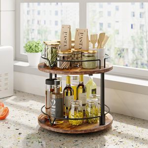 Wooden Double Layer <b>Spice</b> <b>Rack</b> With <b>Rotating</b> Tray For Kitchen Storage 2 Tier Food Organizer - Product Image 4