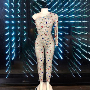 Tuta monospalla con strass, sexy, attillata, per discoteca - Product Image 1