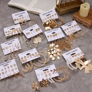 Vkme conjunto de brincos de 18k, conjunto de brincos para mulheres com folhas banhadas a ouro, em oferta, joias de gancho grande