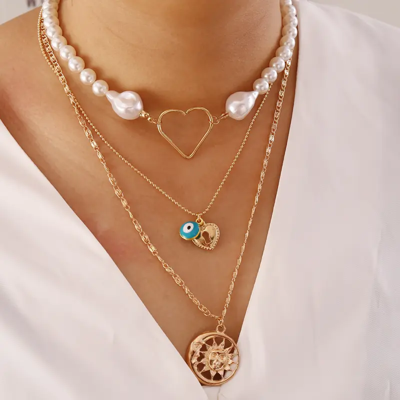 Multi-layer Luxury Necklace Pearl Heart Choker Gold Plated Long Tassel Fashion Necklace Vintage Women Jewelry