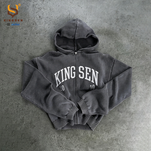 Custom logo Thick Knitted Hoodie Sweater Heavyweight Vintage Wash <b>Zip</b> <b>up</b> Embroidery Knit Hoodie <b>Jacket</b> - Product Image 1