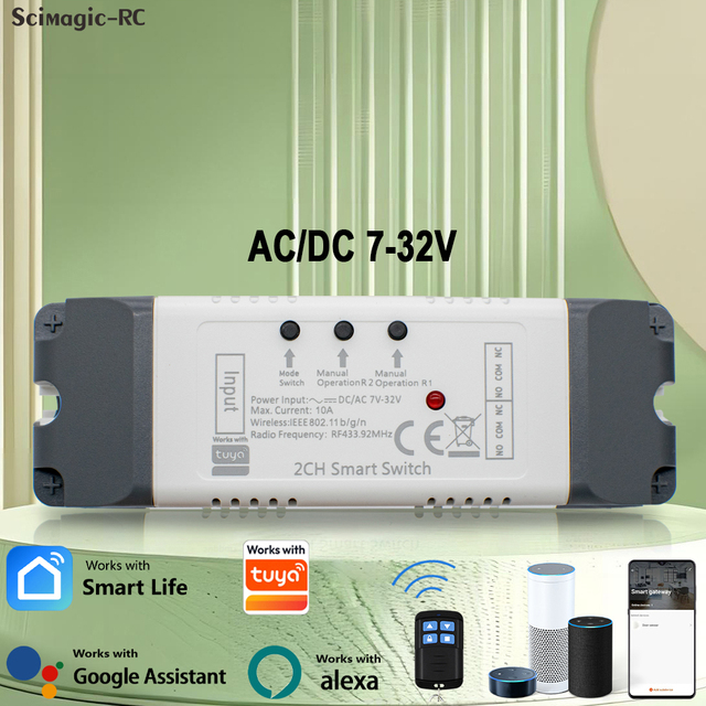 Work with Tuya 2CH Smart Wifi Switch 7-32V Relay Module 12V 24V Smart Home Automation Receiver RF Remote Control 433mhz