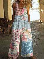 Combinaison ample vintage d'été pour femme, col en U, boutonnée sur le devant, imprimé floral, sans manches, avec poches, jambes larges, idéale pour les vacances et le quotidien