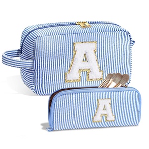 Customizable Striped Seersucker Cosmetic <b>Toiletry</b> <b>Bag</b> Large-Capacity with Partition Storage Embroidered Letter - Product Image 1