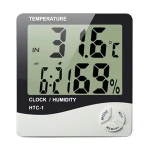 HTC-1 Multifonction Numérique Thermomètre Humidité Jauge Horloge avec Grand Écran De Température Ambiante et D'humidité Indicateur Sans Batte