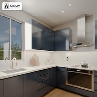 Meuble de cuisine sur mesure à finition ultra brillante, aménagement en L moderne et luxueux, rangement par tiroirs, livraison en kit et boîtes de rangement en MDF