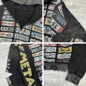 Sweat à capuche zippé pour homme en coton épais gaufré, style streetwear de haute qualité, coupe ample, effet vieilli et délavé à l'acide, avec motifs graphiques - Product Image 3