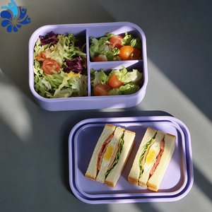 Purple Silicone Lunch Box 700ml 1300ml Three Compartment Microwave Safe Bento Container With Plastic Lid Rectangle Shape - Product Image 1