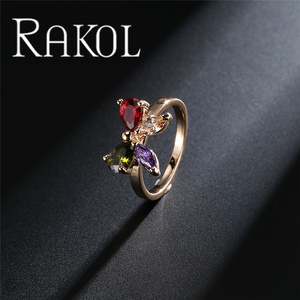 RAKOL RP074 Mode Coloré Noeud Papillon Forme Zircon Cuivre or Bague Fille Cadeau - Product Image 3