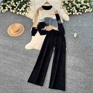 Maglione a Collo Tondo con Maniche Lunghe e Pantaloni Larghi, Set Invernale Due Pezzi per <span class=keywords><strong>Donna</strong></span> - Product Image 1