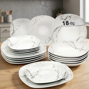 Service de vaisselle carré en porcelaine éco-responsable à motif marbre, durable, avec assiette, bol et plat à salade pour la salle à manger à domicile - Product Image 3