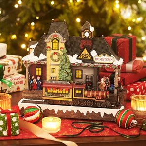 Casas de Pueblo Navideñas de Resina Duradera y Ecológica con Luces LED, Figuras de Trenes de Pueblo, Escena Musical Navideña - Product Image 5