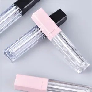Pink Top Clear Transparent Square Custom Logo Lip Gloss Tube Pink