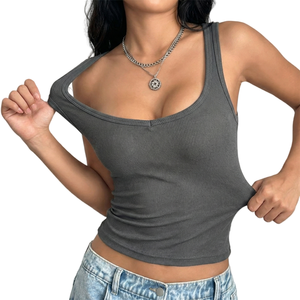 Débardeur côtelé en coton tricoté pour femme, col en U sexy, vente en gros, faible coût, logo personnalisé, commande en gros - Product Image 3