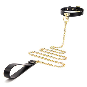 Collier pour chien en cuir avec laisse en chaîne, couleur or, jouets pour adultes - Product Image 1