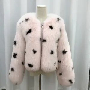 Black and white polka dot designer style fur outwear Wholesale custom zipper full Sleeve real white fox fur coat lady