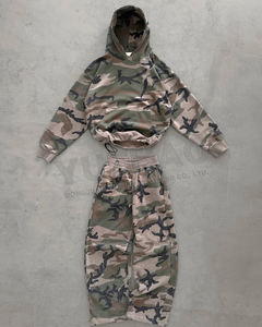 Setelan Hoodie dan celana olahraga kustom, setelan Hoodie katun kamuflase cuci asam Camo ukuran besar, setelan olahraga Streetwear pria - Product Image 1