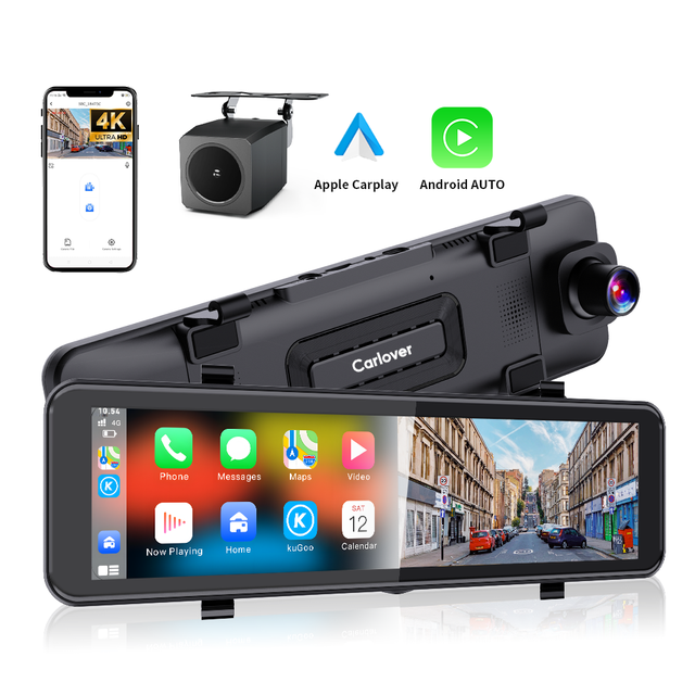 Carlover 12'' 4K Auto Carplay Screen Dashcam Rearview Mirror 4k Dash Cam Front and Rear 4k Video Recorder WIFI