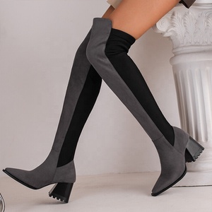 Big Size 48 Low Chunky Heels Women Stretch Long Boots Patchwork Suede Square Toe Wide Leg Over Knee Booties on <b>Shoes</b> - Product Image 5