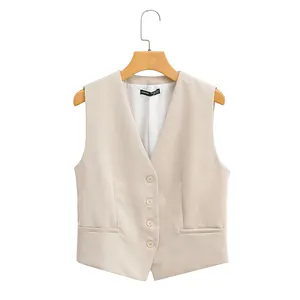 Single breasted beige color v neck sleeveless casual fashion vest for women