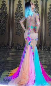Vestido largo de fiesta de <span class=keywords><strong>arco</strong></span>íris para mujer, cantante, host, vestido de noche colorido con diamantes de imitación - Product Image 3