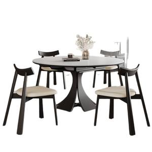 Juego de mesa de comedor redonda extensible con 4 sillas, tablero de madera maciza con superficie de piedra, estilo moderno retro para comedor - Product Image 1