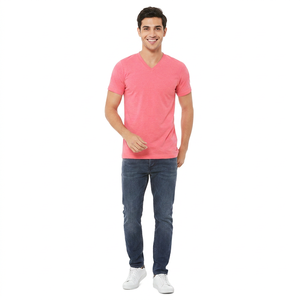 T-shirts à col en V en gros, manches courtes, 100% coton, t-shirt uni d'été, logo personnalisé, t-shirts pour hommes - Product Image 1