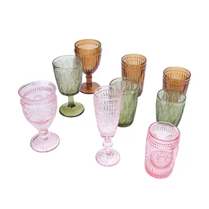 Hoge Kwaliteit Goedkope Wijn Glazen Groothandel Glazen Vintage Patroon Reliëf Kristallen Glazen Beker Geperste Wijn Glazen Bekers